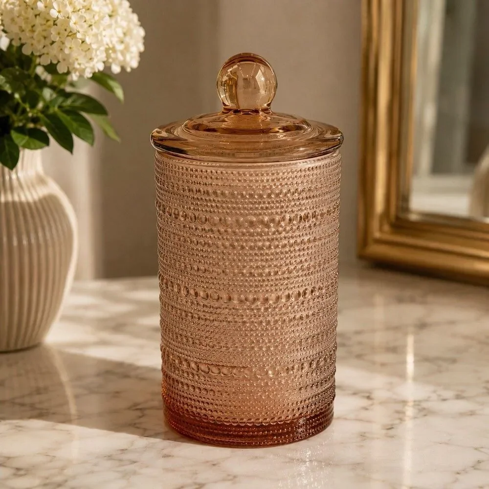 Pink Beaded Hobnail Glass Canister Jar w Lid Apothecary Vanity Bubble 8”